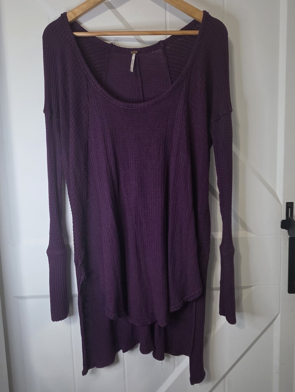 Free People Deep Purple Waffle Knit Long Sleeve Thermal Tunic Top Large 0008